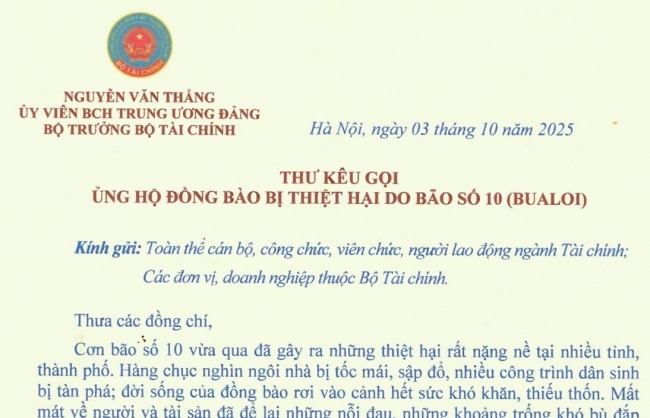 Bộ trưởng Nguyễn Văn Thắng kêu gọi toàn ngành Tài chính ủng hộ đồng bào bị thiệt hại do bão số 10