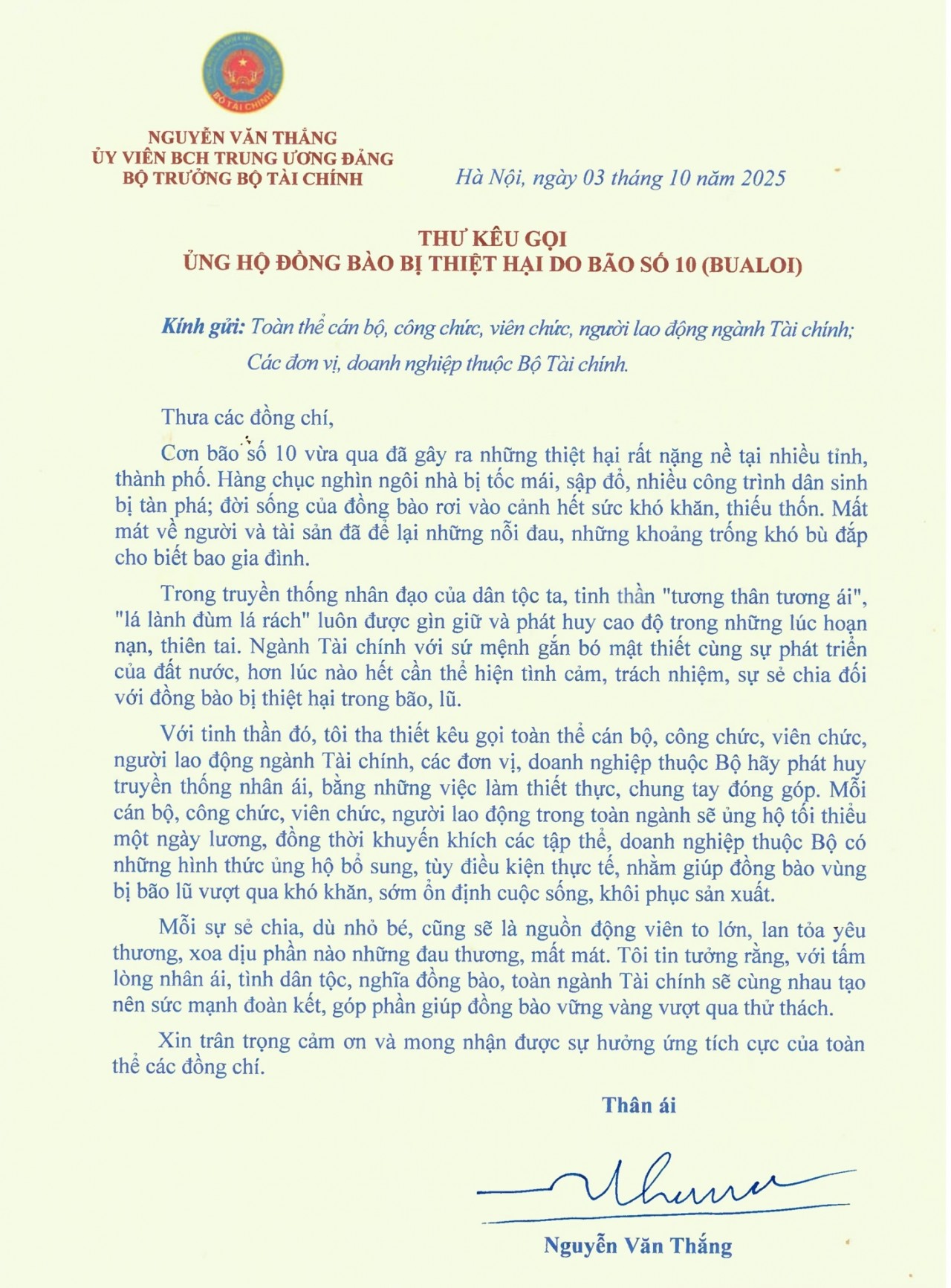 Bộ trưởng Nguyễn Văn Thắng kêu gọi toàn ngành Tài chính ủng hộ đồng bào bị thiệt hại do bão số 10