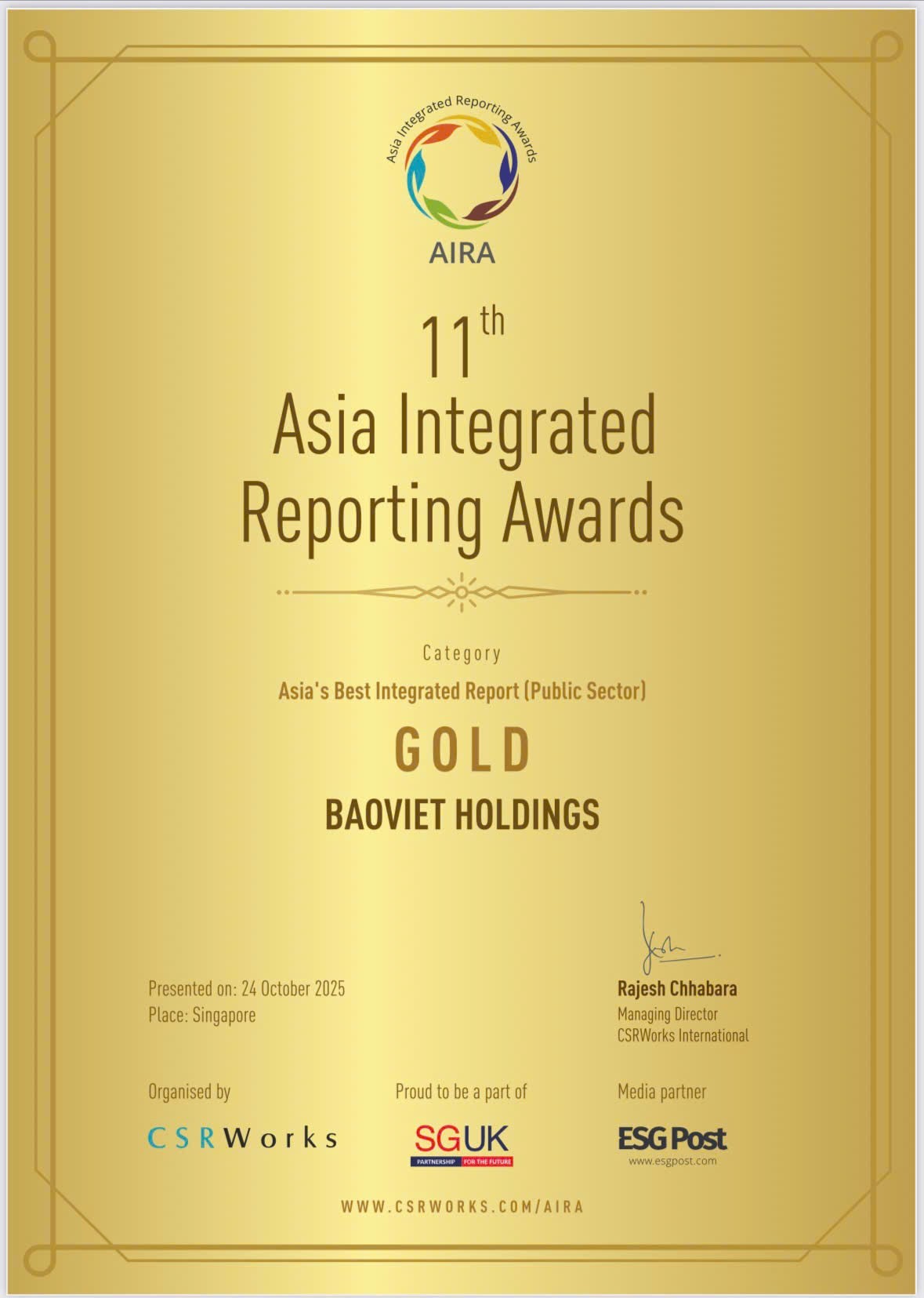 Bảo Việt đạt giải Vàng Báo cáo tích hợp xuất sắc nhất châu Á tại Lễ trao giải AIRA 2025