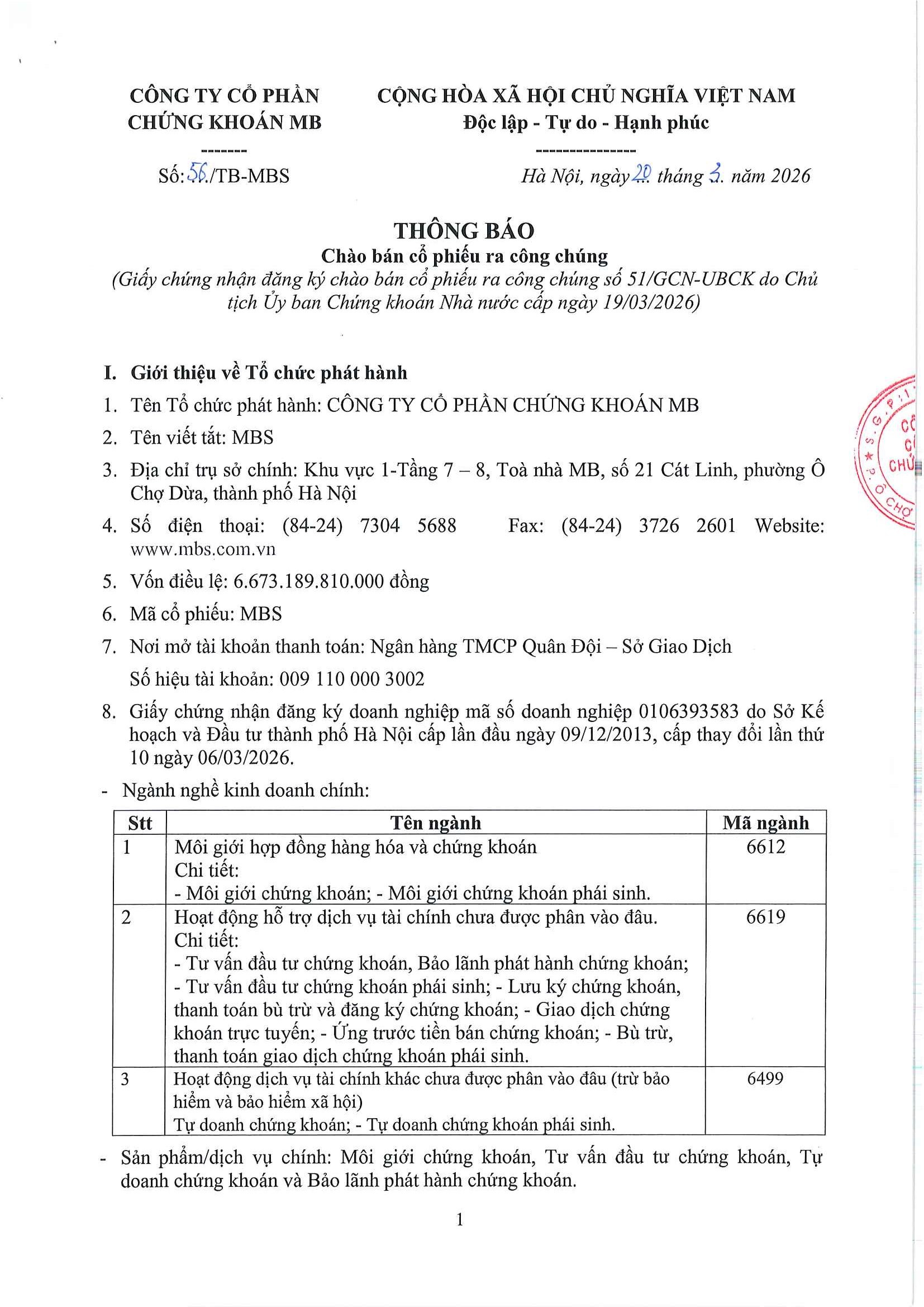 Chứng khoán MB thông báo chào bán cổ phiếu ra công chúng
