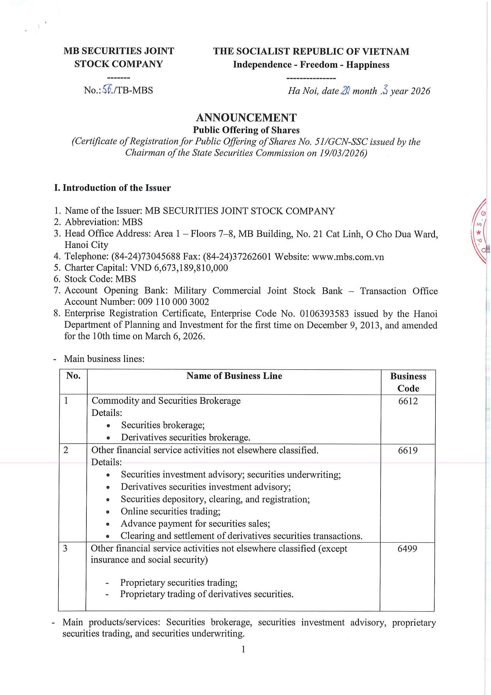 Chứng khoán MB thông báo chào bán cổ phiếu ra công chúng