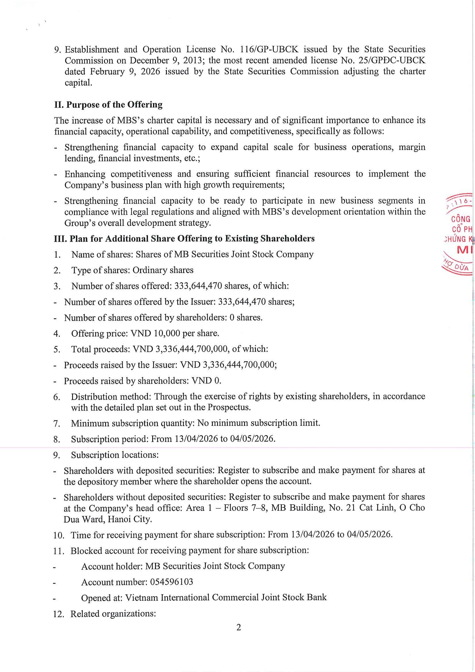 Chứng khoán MB thông báo chào bán cổ phiếu ra công chúng