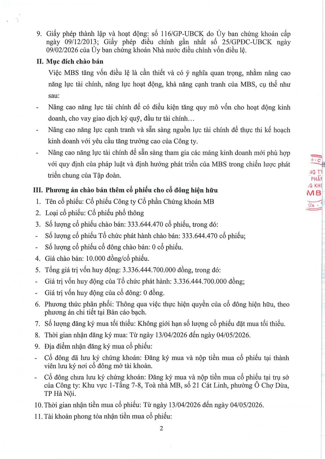 Chứng khoán MB thông báo chào bán cổ phiếu ra công chúng